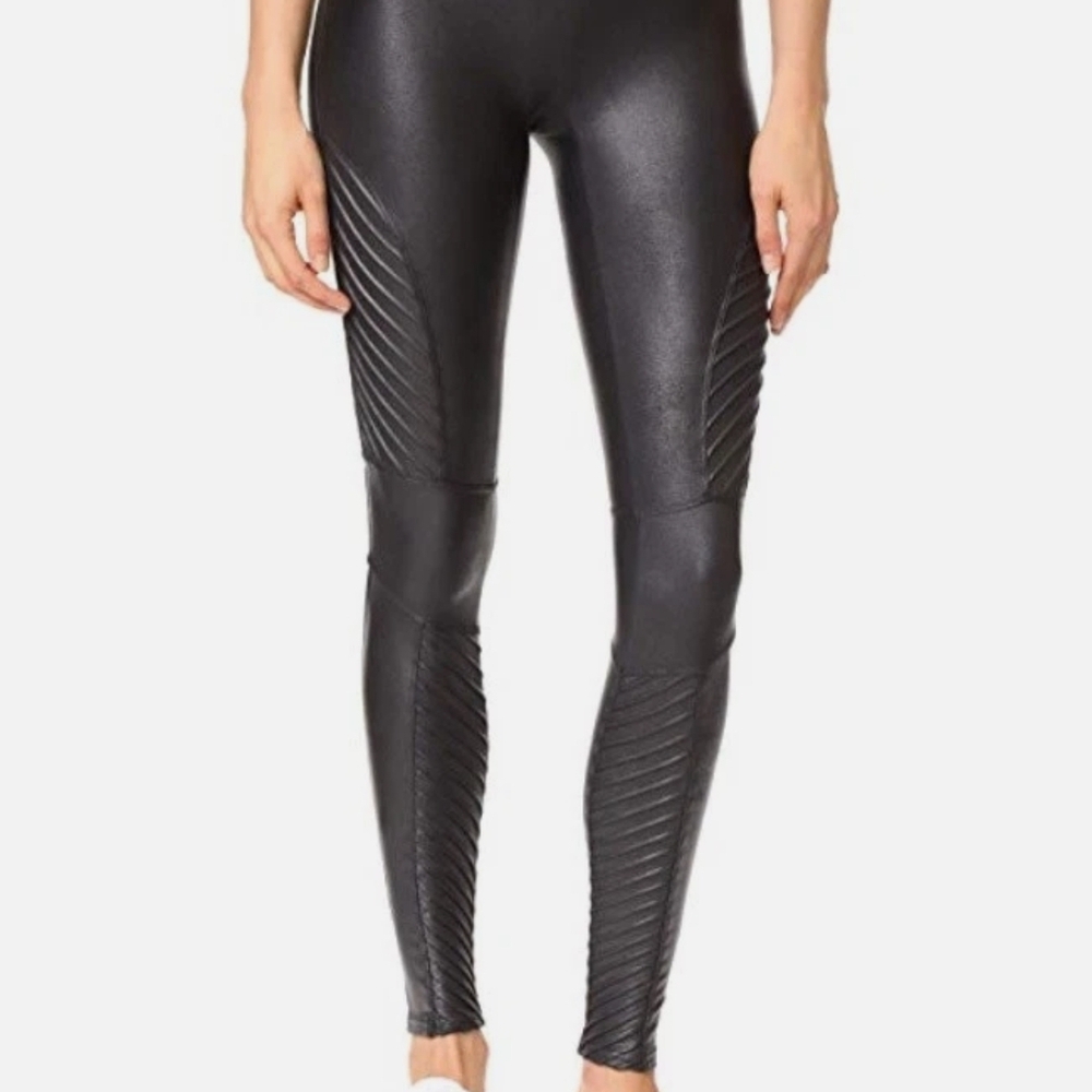 SPANX🖤FAUX LEATHER MOTO BLACK Shiny Black Leggings (STYLE 20136R) SIZE LARGE - Picture 3 of 9